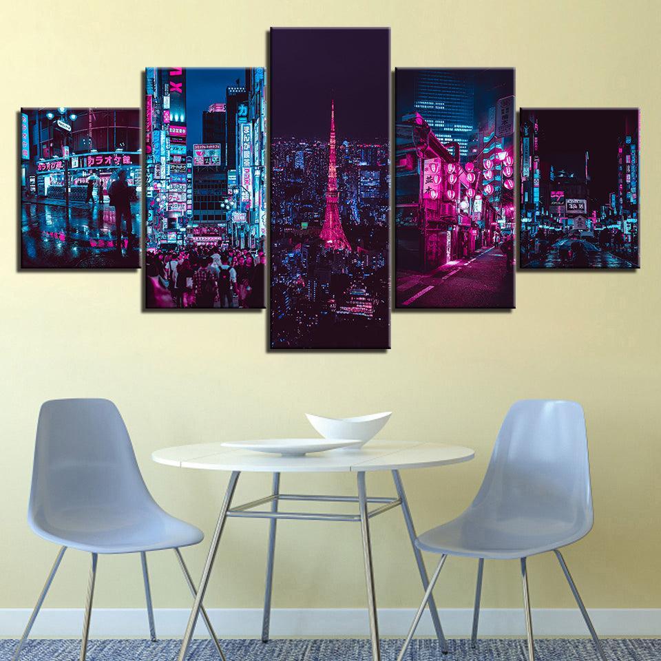 The Neon City Light 5 Piece HD Multi Panel Canvas Wall Art Frame-Original Frame