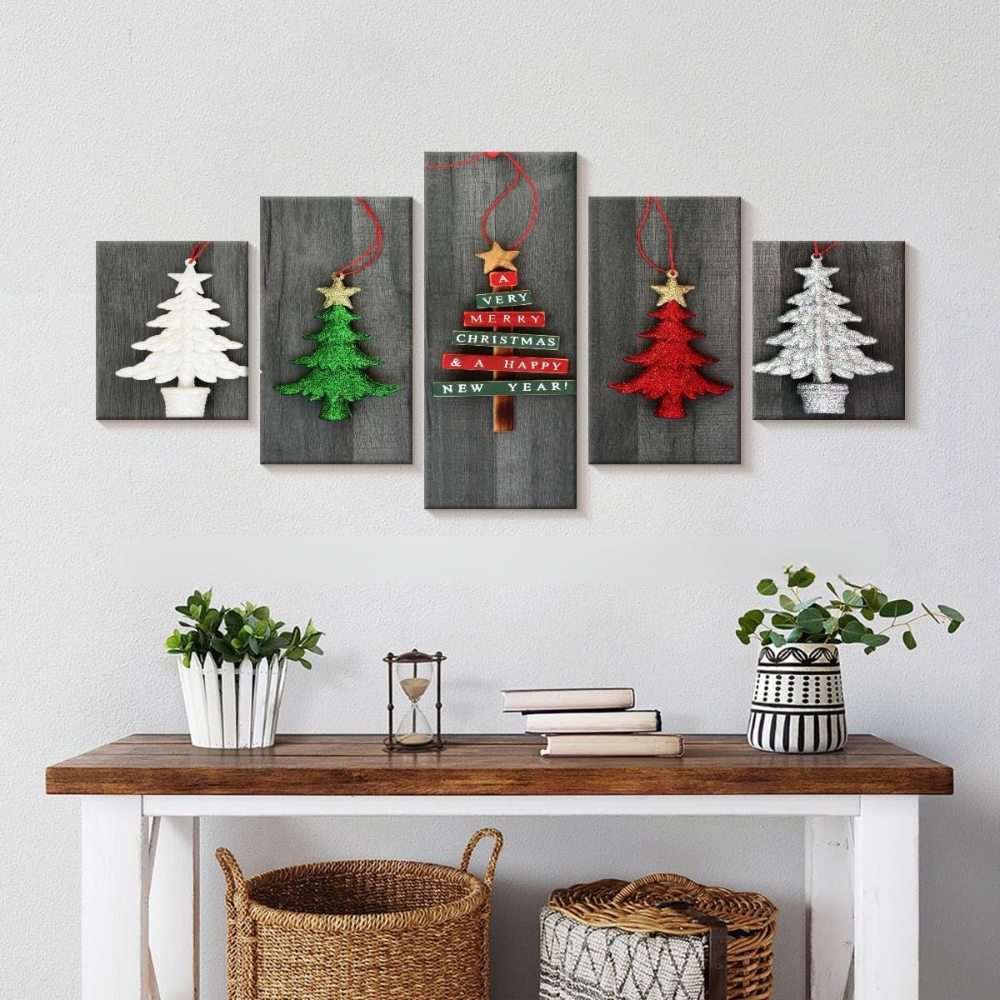 5 Piece Hanging Christmas Trees Horizontal Canvas Wall Art
