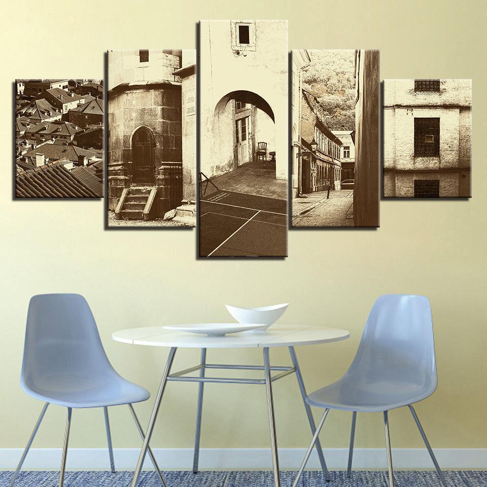 The Vintage Brown Town 5 Piece HD Multi Panel Canvas Wall Art Frame-Original Frame