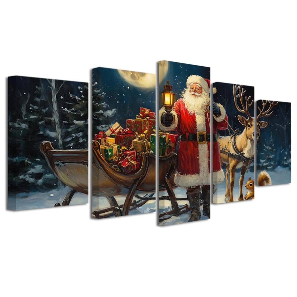Christmas Canvas Wall Art 5 Piece Santa Claus Reindeer with Sleigh Picture Prints