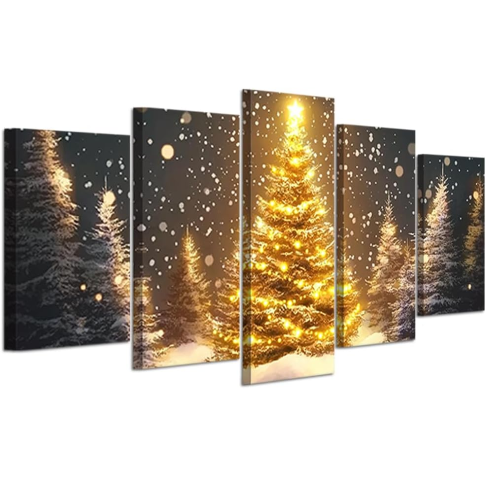 5 Piece Of Vintage Christmas Tree Winter Scene Canvas Wall Art Framed