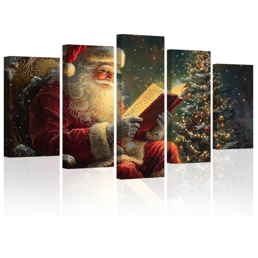 Santa Claus Canvas Wall Art Christmas Pictures 5 Pieces Santa Reading Booking Painting Prints