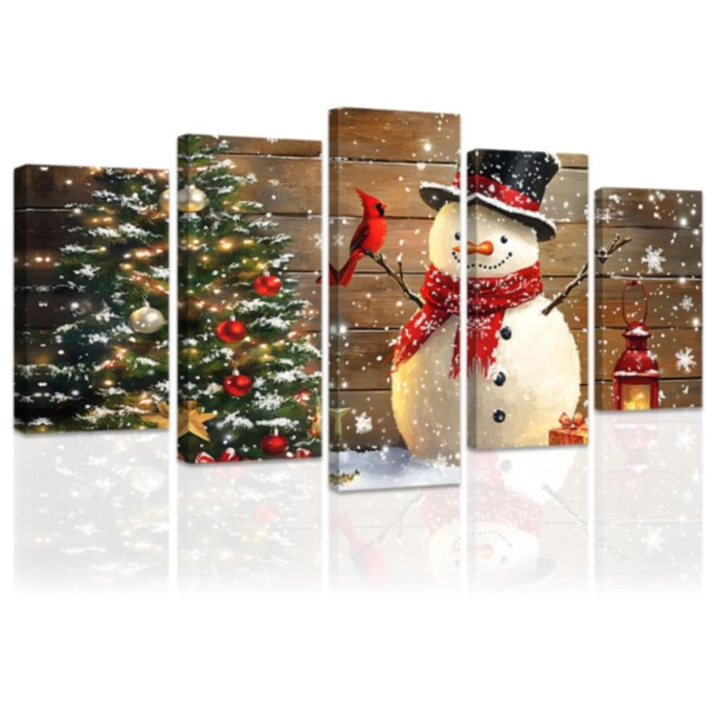 5 Piece Christmas Canvas Wall Art Red Bird and Snowman Painting Cardinal Prints