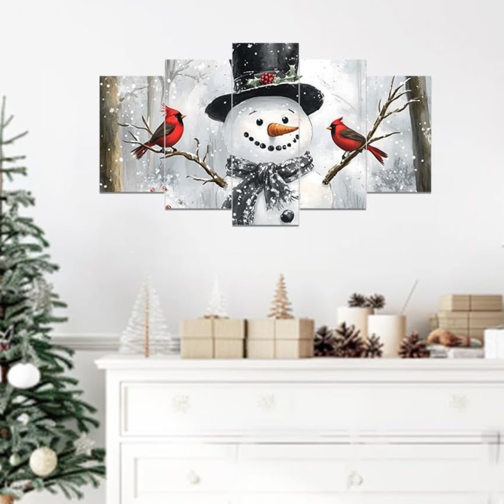 5 Piece Christmas Canvas Wall Art Red Bird and Snowman Painting Cardinal Prints