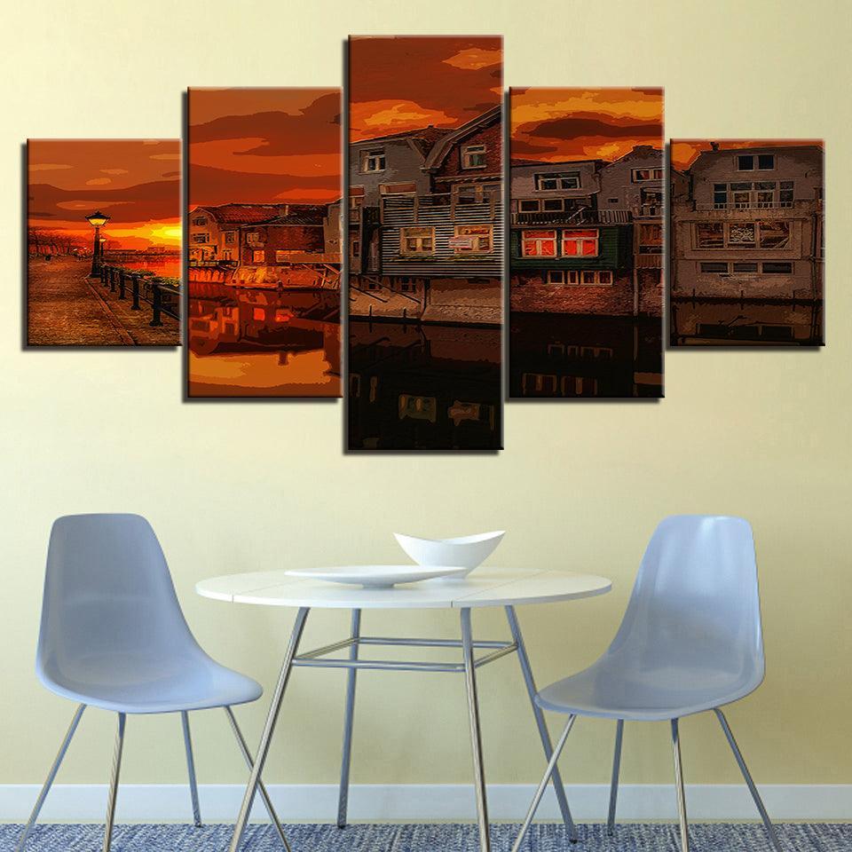 An Orange Evening In Town Collection 5 Piece HD Multi Panel Canvas Wall Art Frame-Original Frame