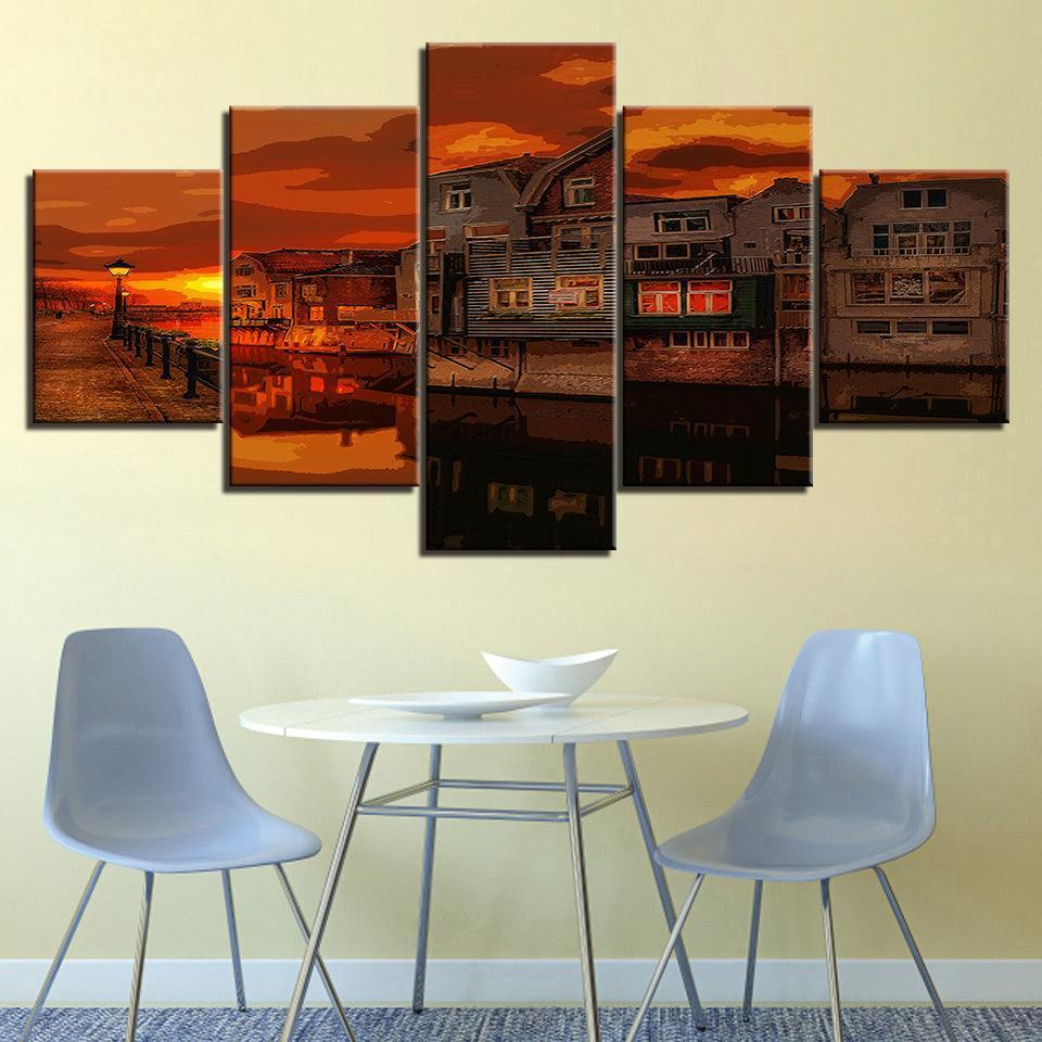 An Orange Evening In Town Collection 5 Piece HD Multi Panel Canvas Wall Art Frame-Original Frame