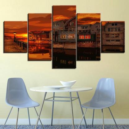 An Orange Evening In Town Collection 5 Piece HD Multi Panel Canvas Wall Art Frame-Original Frame