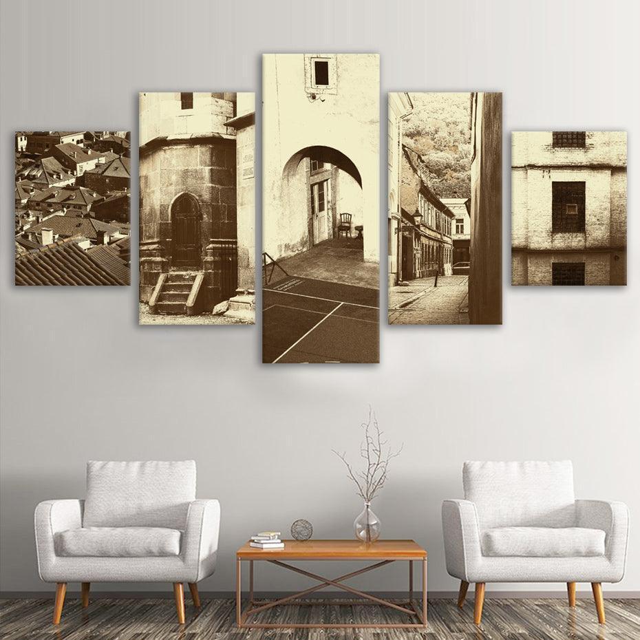 Vintage Streets Of Europe 5 Piece HD Multi Panel Canvas Wall Art Frame-Original Frame