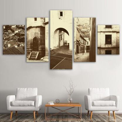 Vintage Streets Of Europe 5 Piece HD Multi Panel Canvas Wall Art Frame-Original Frame