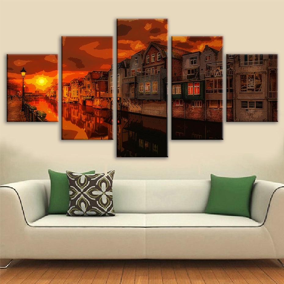 Evening Radiance in the City Multi-Panel Canvas Art Frame-Original Frame