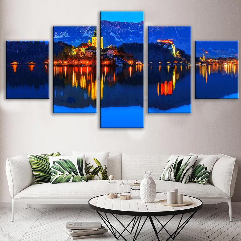 Lake Bled Slovania 5 Piece HD Multi Panel Canvas Wall Art Frame-Original Frame