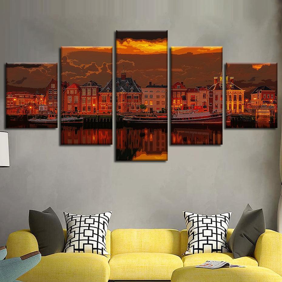 Netherlands Port 5 Piece HD Multi Panel Canvas Wall Art Frame-Original Frame