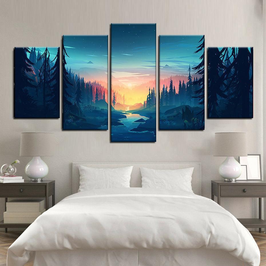 Forest Sunset 5 Piece HD Multi Panel Canvas Wall Art Frame-Original Frame