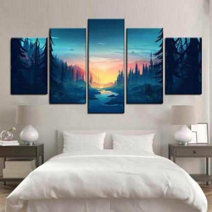 Forest Sunset 5 Piece HD Multi Panel Canvas Wall Art Frame-Original Frame
