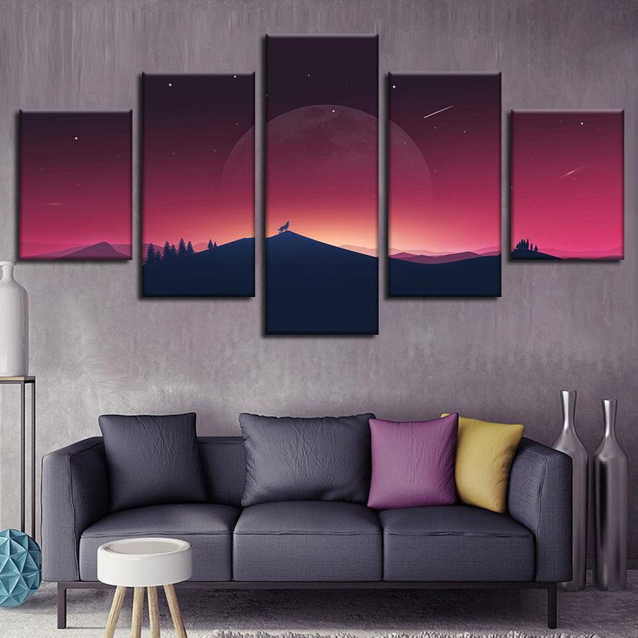 Howling Wolf 5 Piece HD Multi Panel Canvas Wall Art Frame-Original Frame