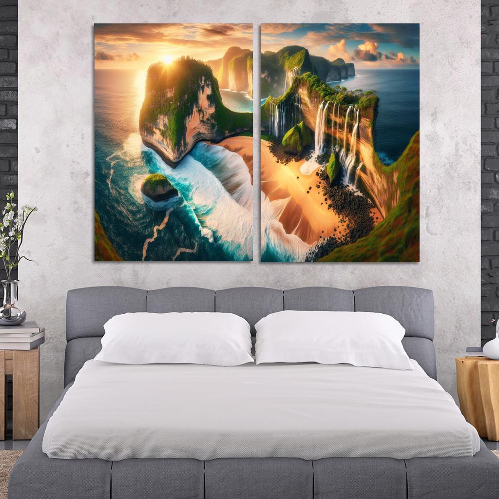 Cascading Waterfalls Beach Natural Wonder Oil Paintings Frame