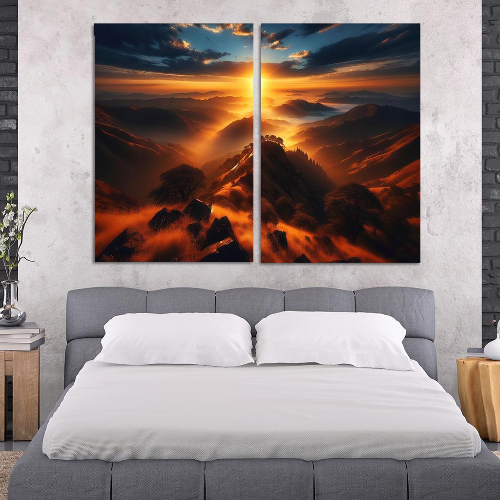 The Radiant Glow Of Sunrise Over Hilltops Custom Paintings Frame