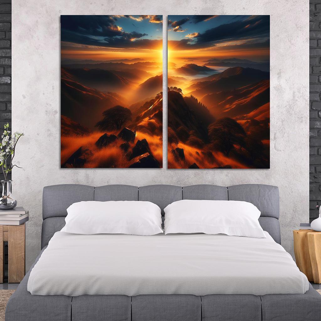 The Radiant Glow Of Sunrise Over Hilltops Custom Paintings Frame