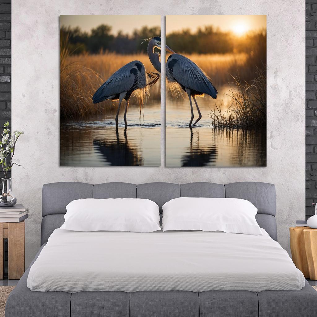 The Majestic Great Blue Heron By The Waterside Framed Paintings