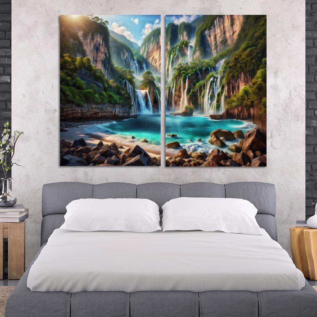 Cascading Waters Beach With Waterfalls Custom Paintings Frame