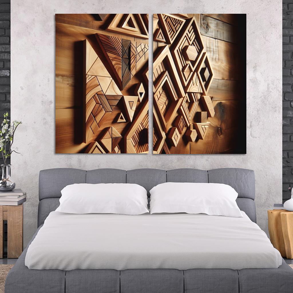Geometric Wooden Wall Shelves 2 Piece HD Canvas Wall Art-Original Frame