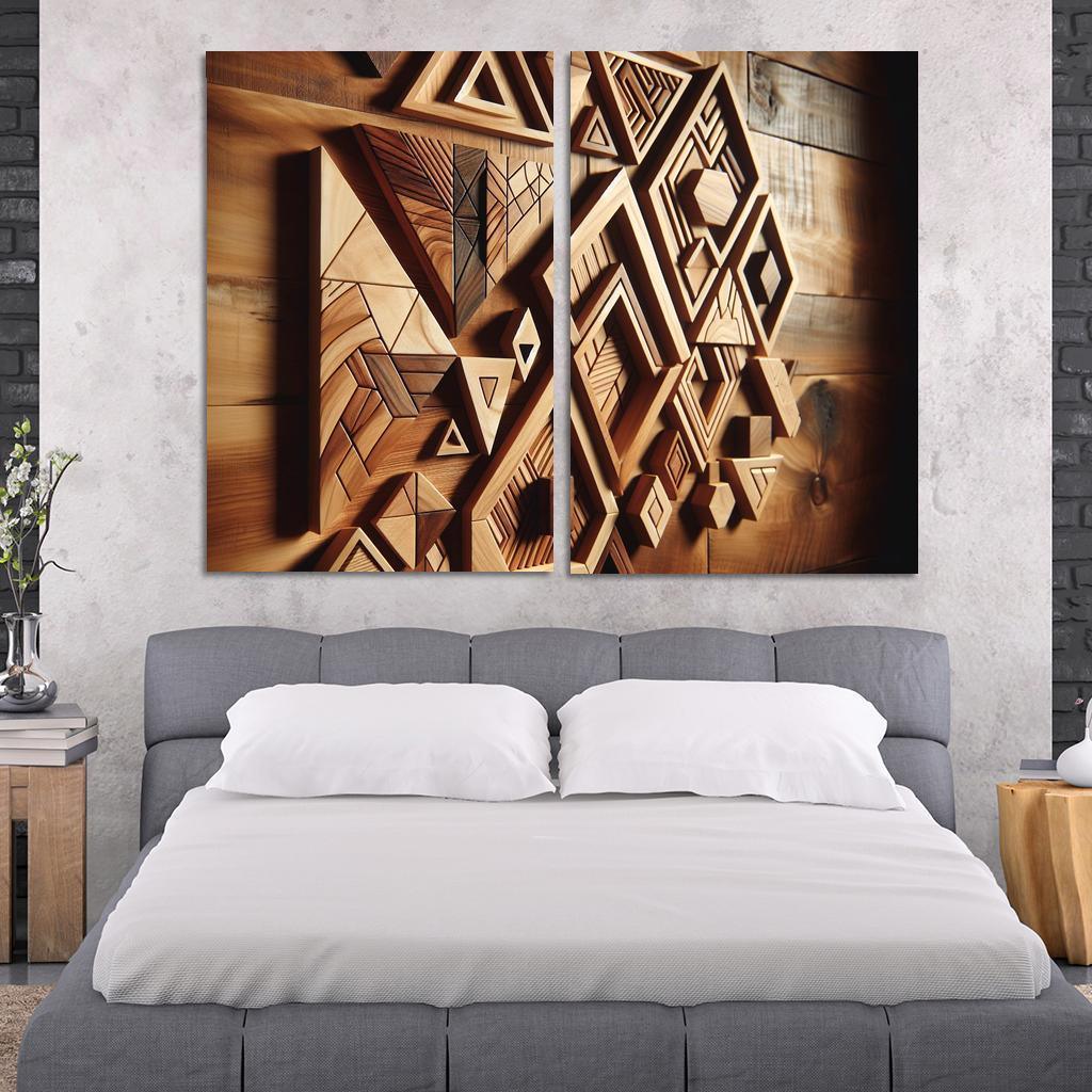 Geometric Wooden Wall Shelves 2 Piece HD Canvas Wall Art-Original Frame