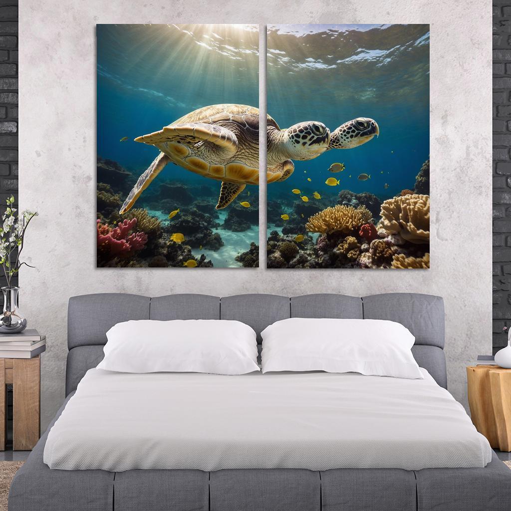 The Enigmatic Green Sea Turtle Gliding Through Coral Reefs Framed Paintings
