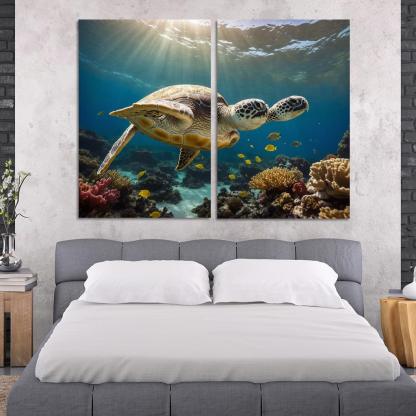 The Enigmatic Green Sea Turtle Gliding Through Coral Reefs Framed Paintings