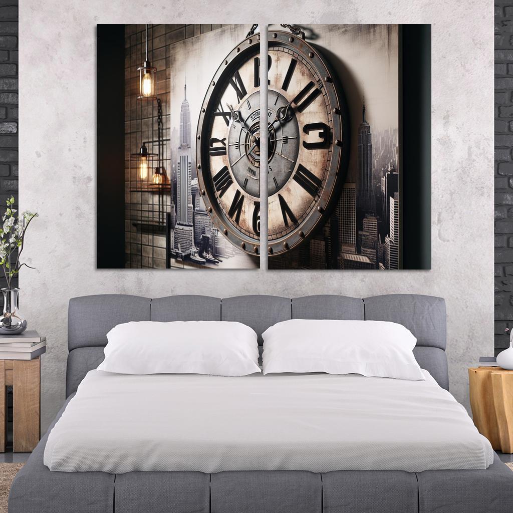 Industrial-Style Wall Clock with Distressed Finish 2 Piece HD Canvas Wall Art-Original Frame