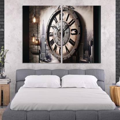 Industrial-Style Wall Clock with Distressed Finish 2 Piece HD Canvas Wall Art-Original Frame
