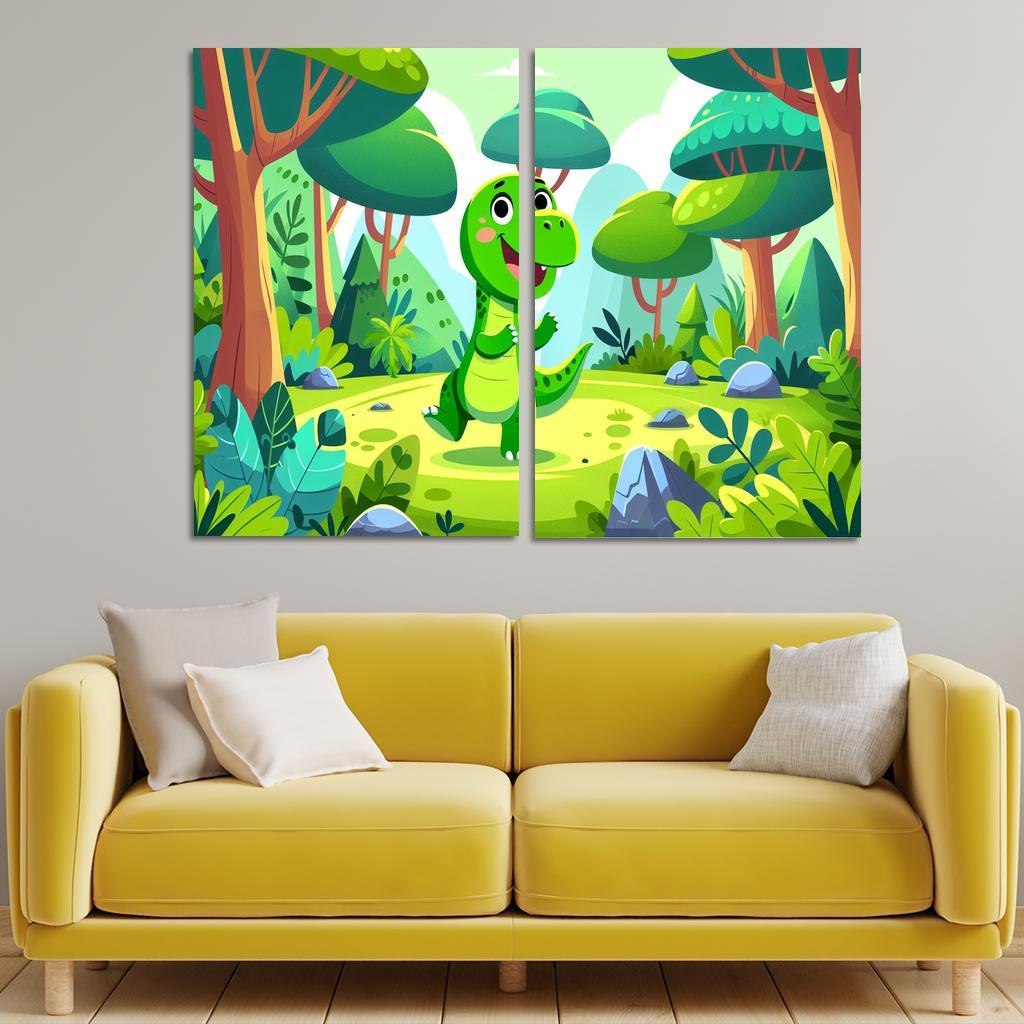 Dancing Dino Delight 2 Piece HD Canvas Wall Art-Original Frame