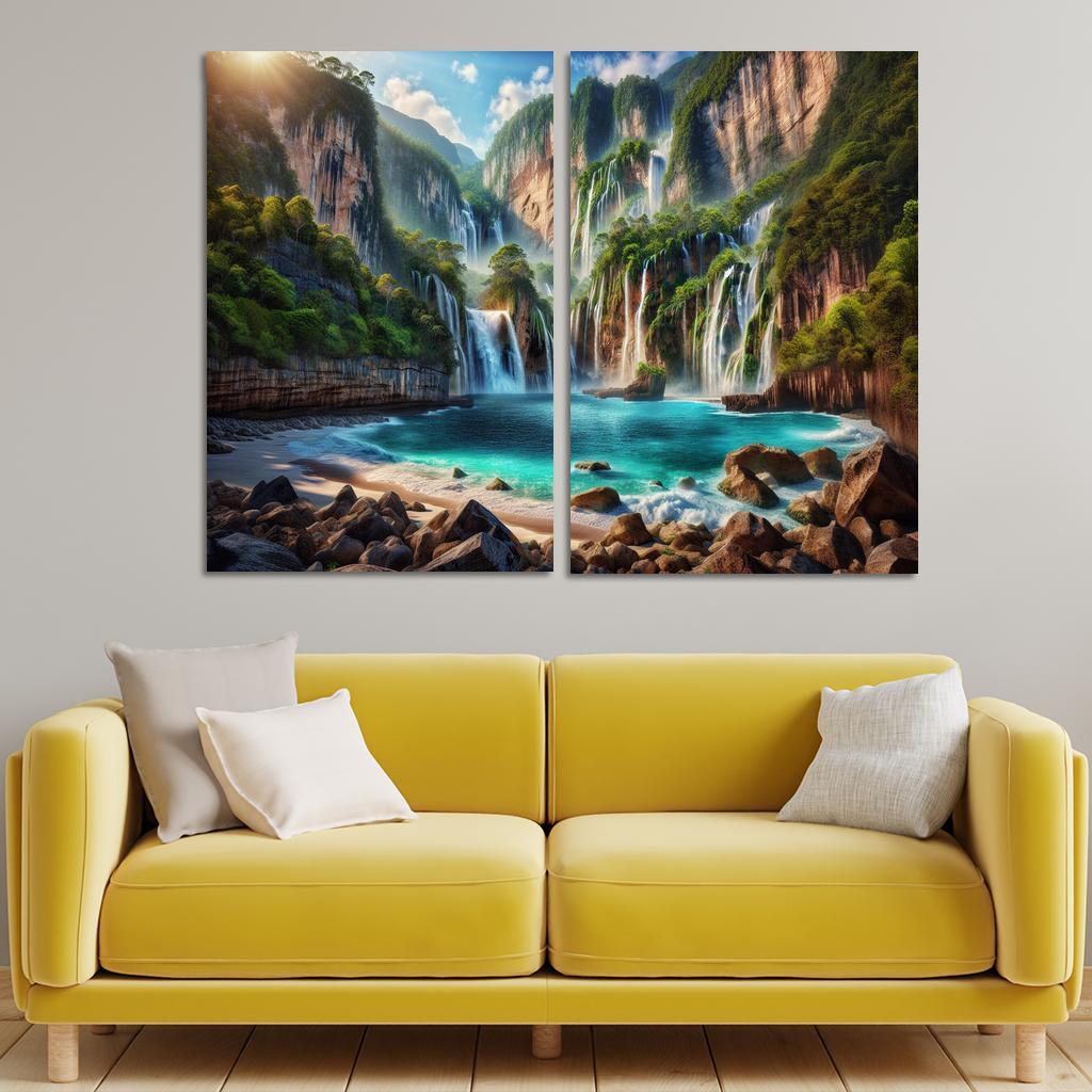 Cascading Waters Beach With Waterfalls Custom Paintings Frame