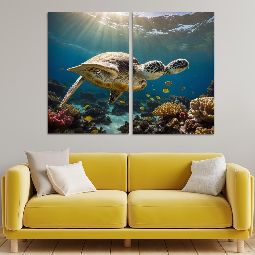 The Enigmatic Green Sea Turtle Gliding Through Coral Reefs Framed Paintings