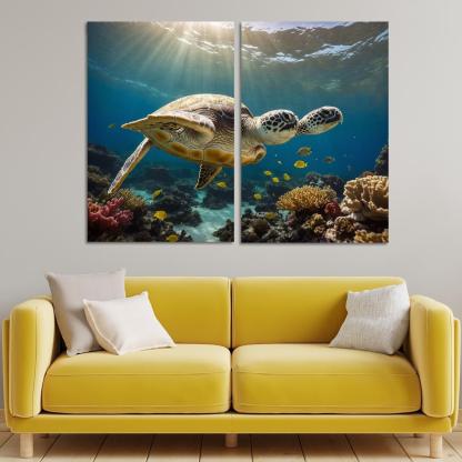 The Enigmatic Green Sea Turtle Gliding Through Coral Reefs Framed Paintings