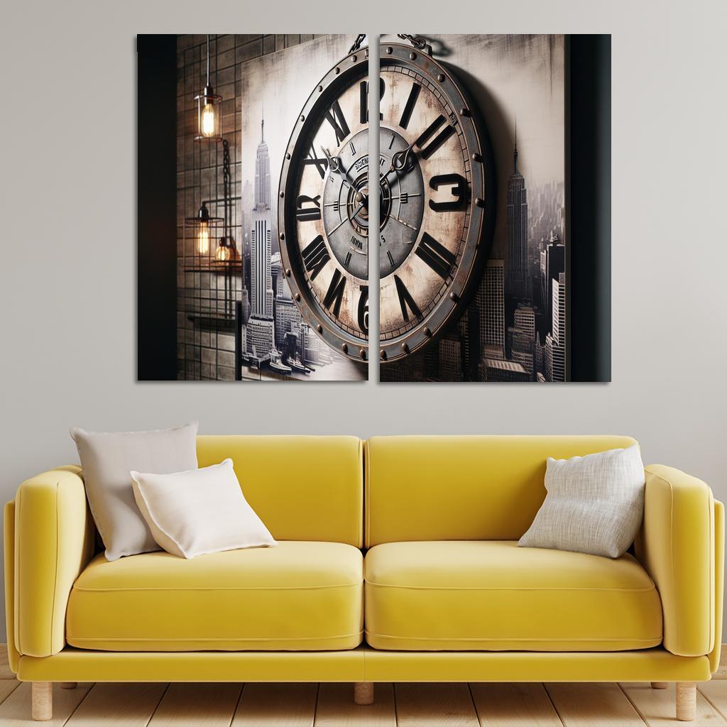 Industrial-Style Wall Clock with Distressed Finish 2 Piece HD Canvas Wall Art-Original Frame