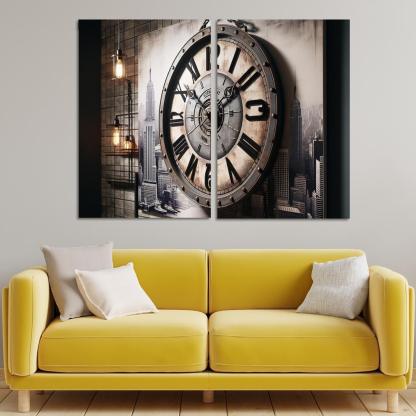 Industrial-Style Wall Clock with Distressed Finish 2 Piece HD Canvas Wall Art-Original Frame