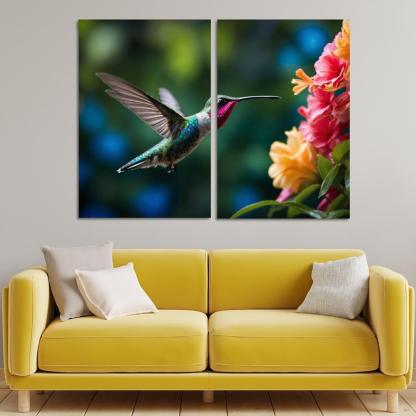 The Enchanting Hummingbird Among Tropical Flowers Framed Paintings