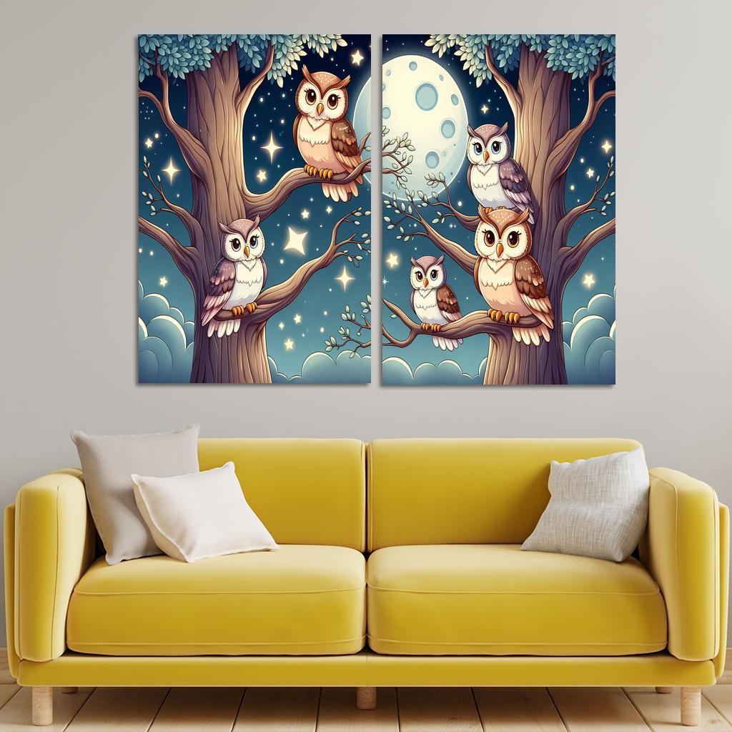 Starry Night Owls - Nighttime Whimsy Framed Paintings