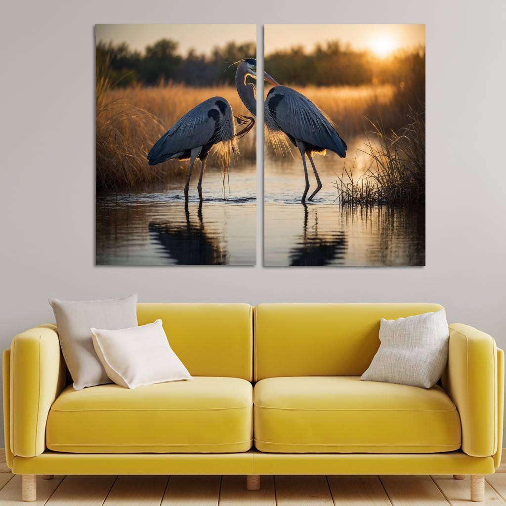 The Majestic Great Blue Heron By The Waterside Framed Paintings