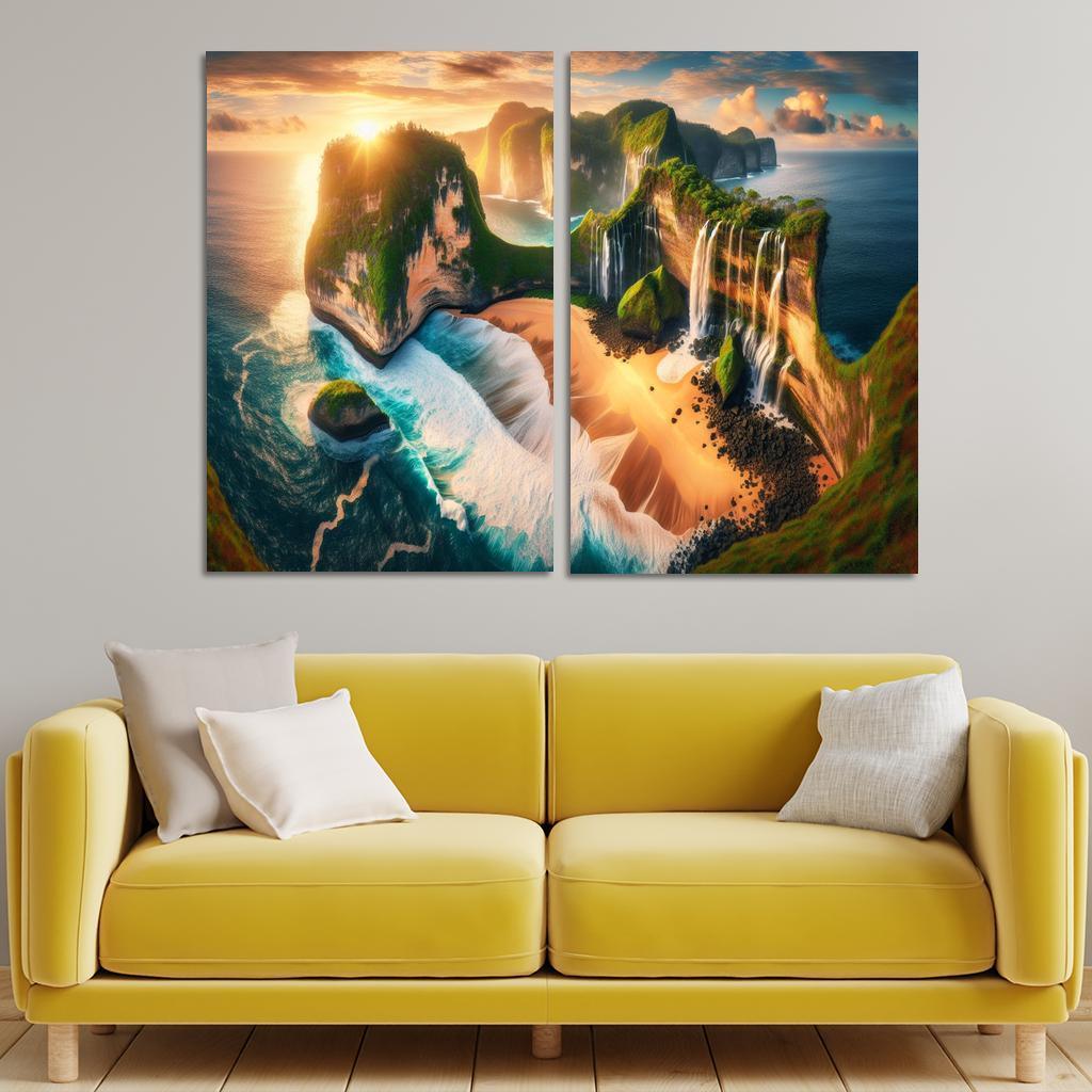 Cascading Waterfalls Beach Natural Wonder Oil Paintings Frame