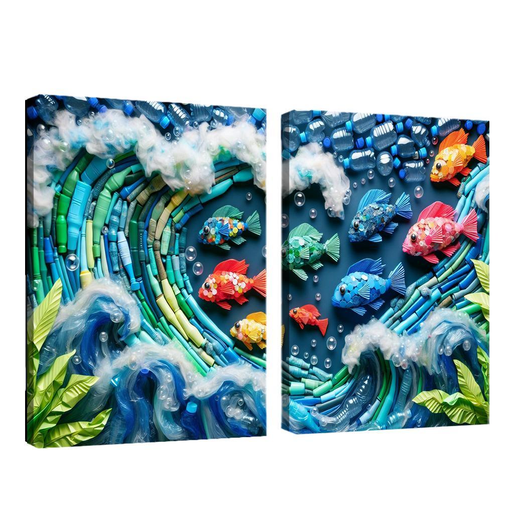 Plastic Ocean Art for Ocean Conservation 2 Piece HD Canvas Wall Art-Original Frame