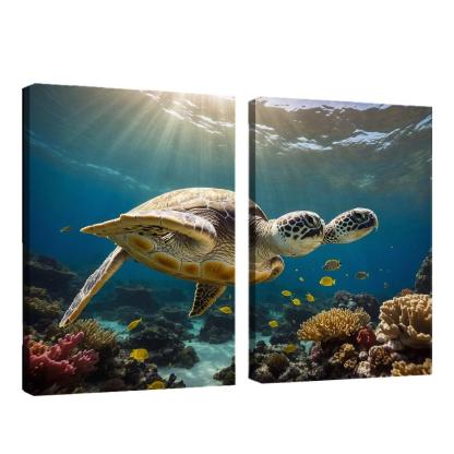 The Enigmatic Green Sea Turtle Gliding Through Coral Reefs Framed Paintings