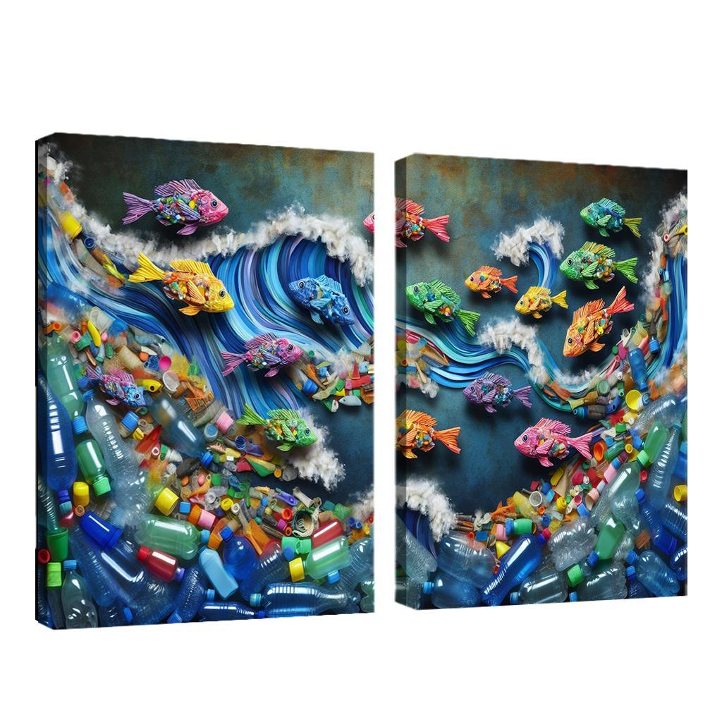 Plastic Ocean Art for Ocean Conservation 2 Piece HD Canvas Wall Art-Original Frame