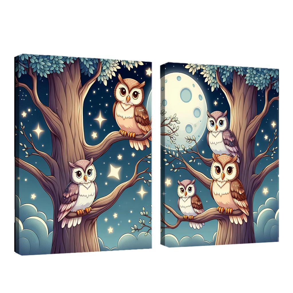 Starry Night Owls - Nighttime Whimsy Framed Paintings