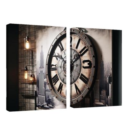 Industrial-Style Wall Clock with Distressed Finish 2 Piece HD Canvas Wall Art-Original Frame