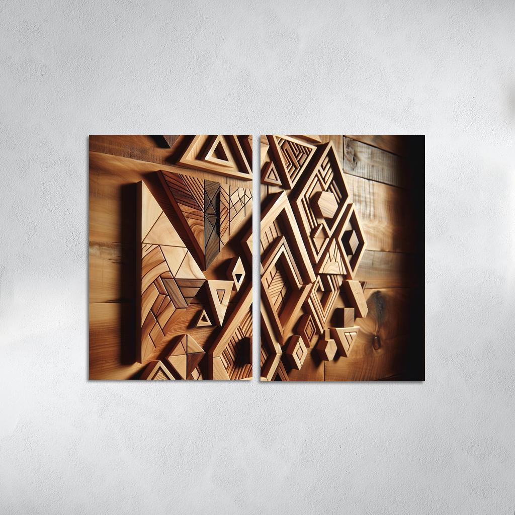 Geometric Wooden Wall Shelves 2 Piece HD Canvas Wall Art-Original Frame
