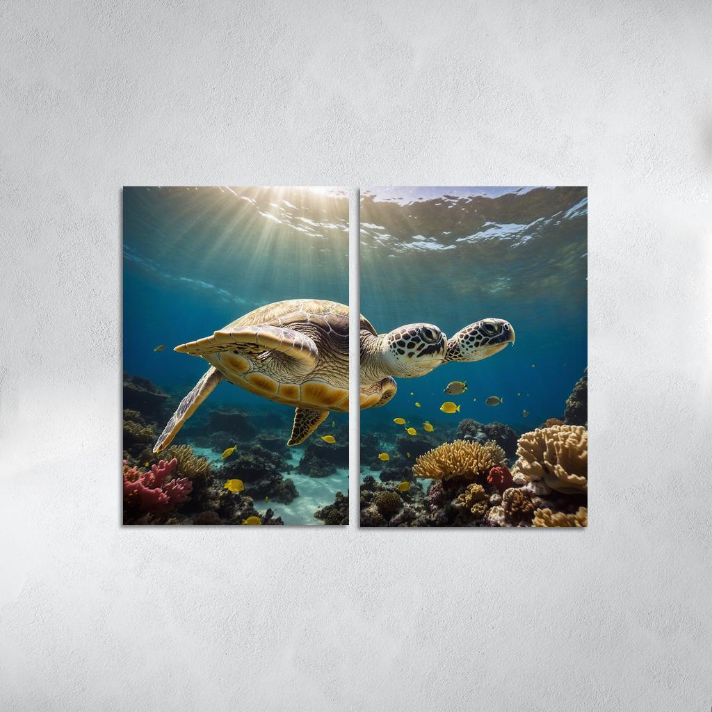 The Enigmatic Green Sea Turtle Gliding Through Coral Reefs Framed Paintings