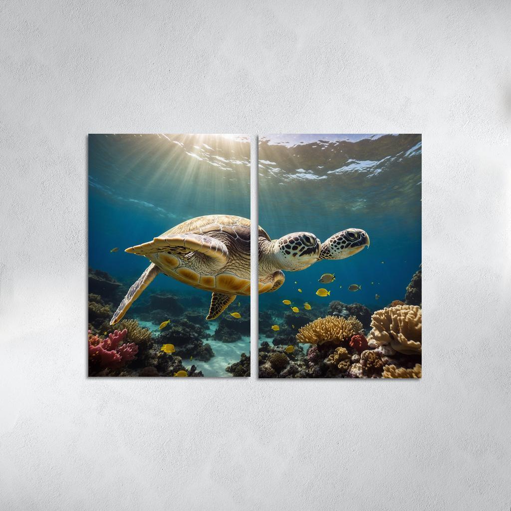 The Enigmatic Green Sea Turtle Gliding Through Coral Reefs Framed Paintings