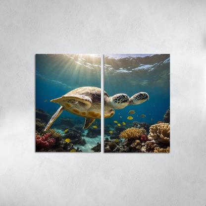 The Enigmatic Green Sea Turtle Gliding Through Coral Reefs Framed Paintings