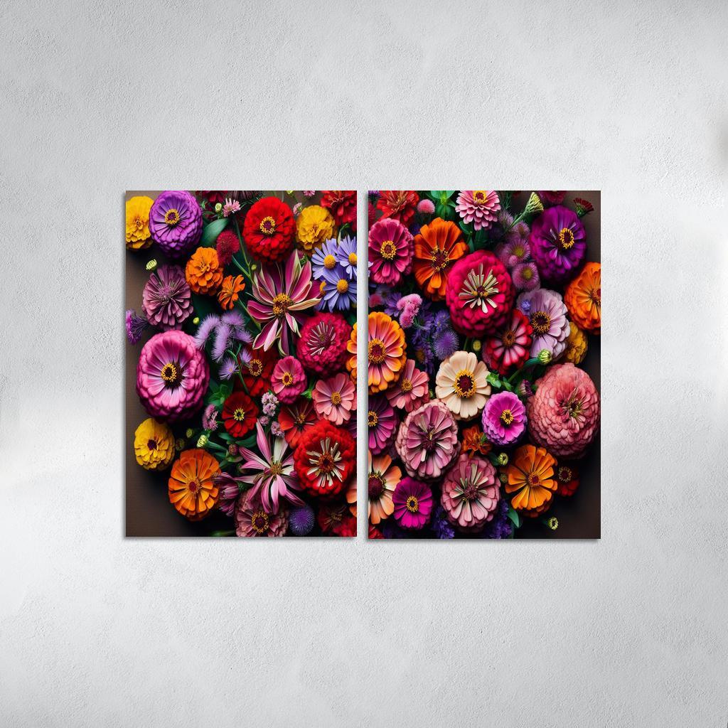 Floral Mosaic A Patchwork of Blooms 2 Piece HD Canvas Wall Art-Original Frame